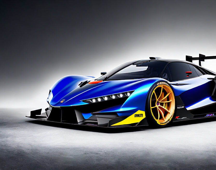 Blue Racing Car with Yellow and Orange Accents and Aerodynamic Features