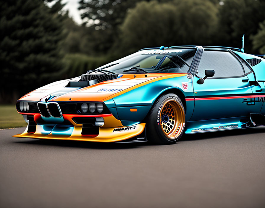 Vintage BMW M1 Procar with blue and turquoise livery on asphalt, surrounded by trees