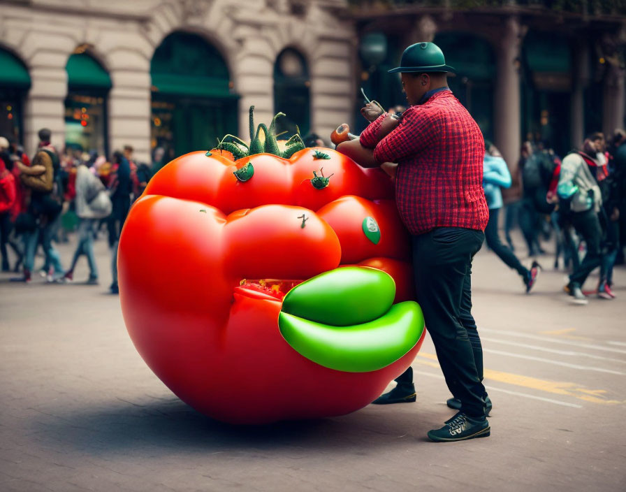 Person standing next to giant tomato sculpture on busy street with phone.