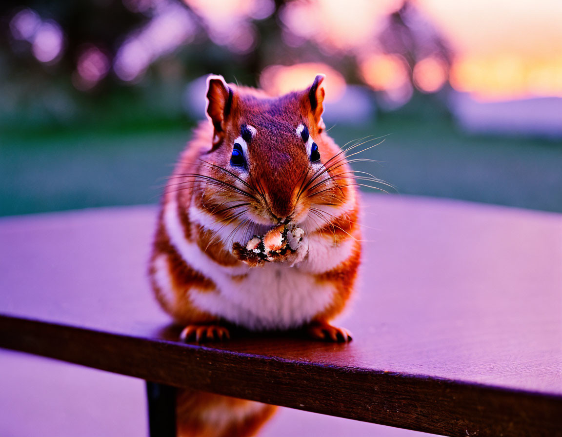 Chipmunk holding morsel at sunset on table