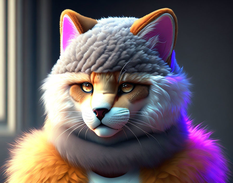 Stylized digital illustration of anthropomorphic feline with orange fur and blue eyes