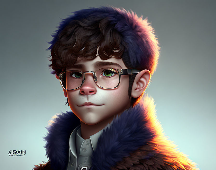 Boy with Curly Hair and Glasses in Colorful Fur Collar Illustration