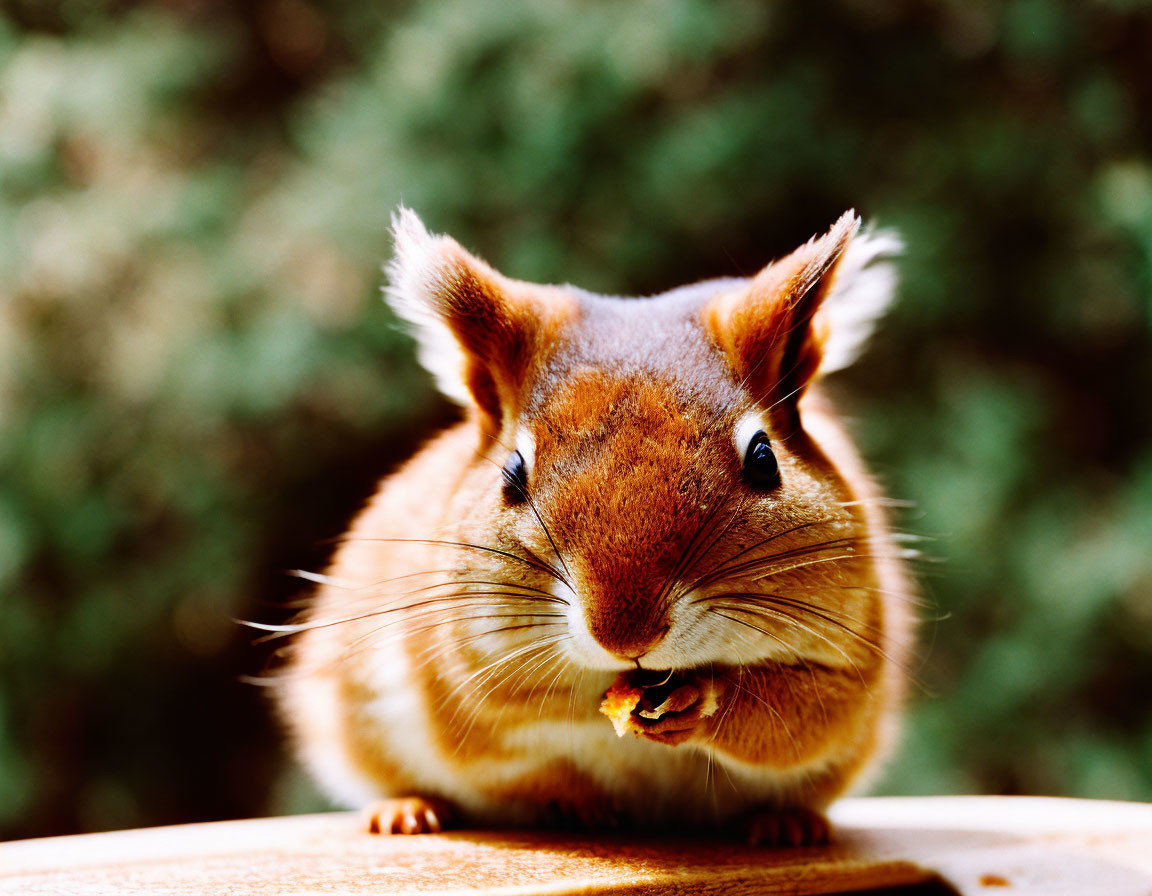 Close-up of cute squirrel with tufted ears holding food in paws on green background