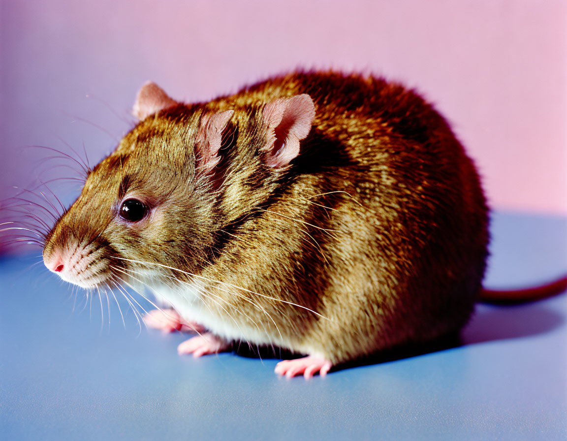 Brown Rat with Pink Tail on Blue Surface Against Pink Background