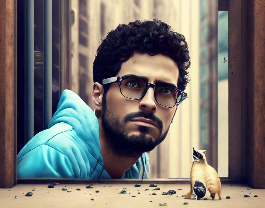 Digital illustration: Bespectacled man with curly hair gazes out window with lounging cat.