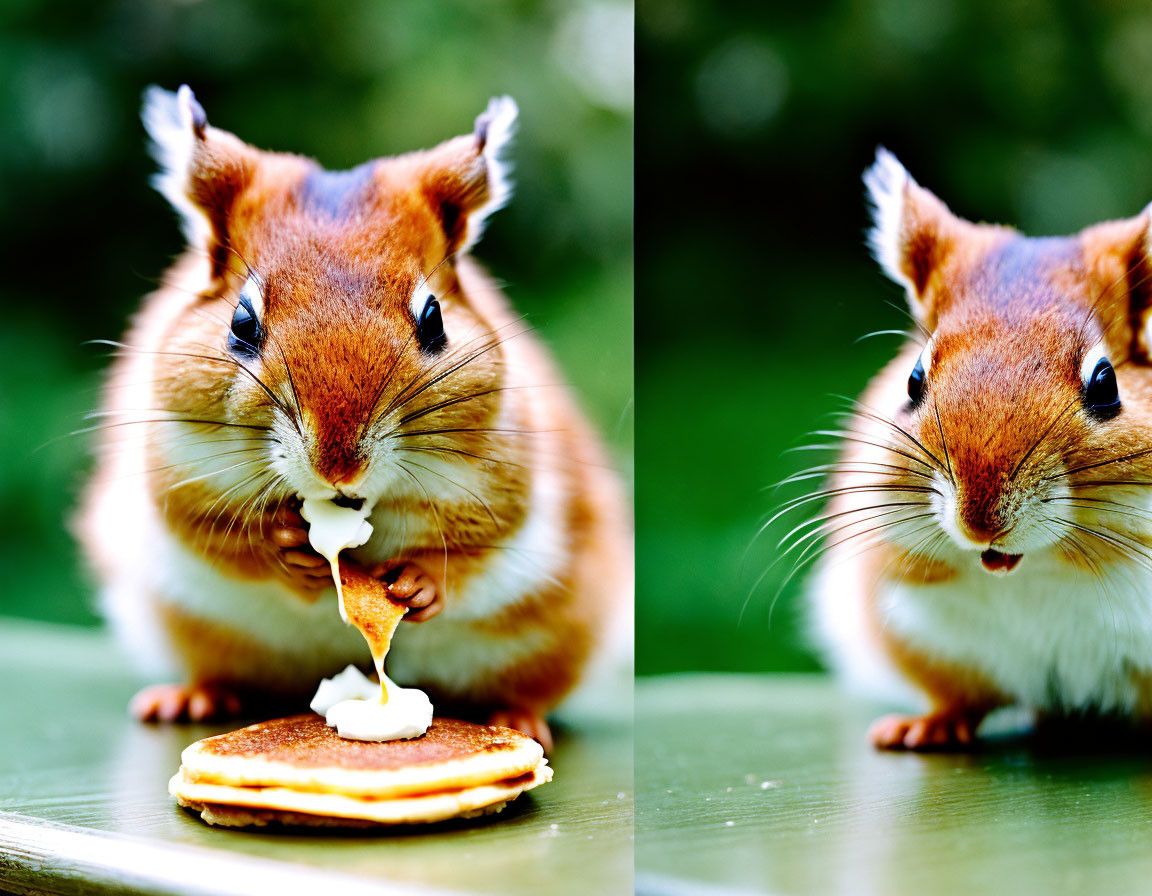 Curious squirrel eating whipped cream on pancake close-up.