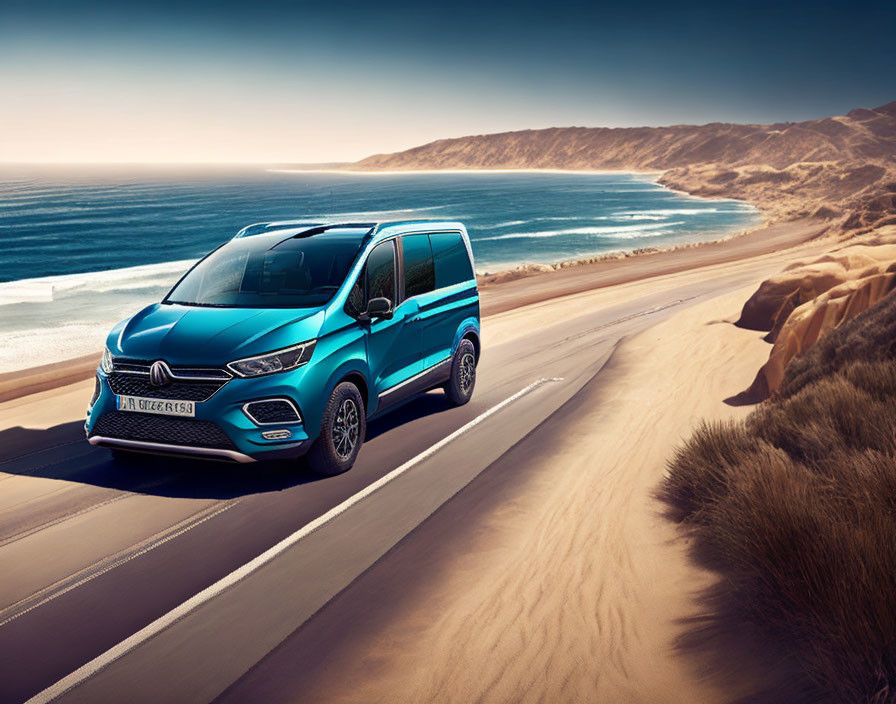 Blue van driving on coastal road with beach and cliffs under clear sky