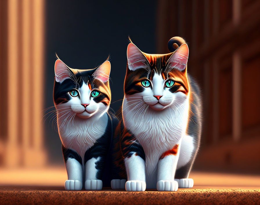 Vibrant stylized animated cats on textured surface