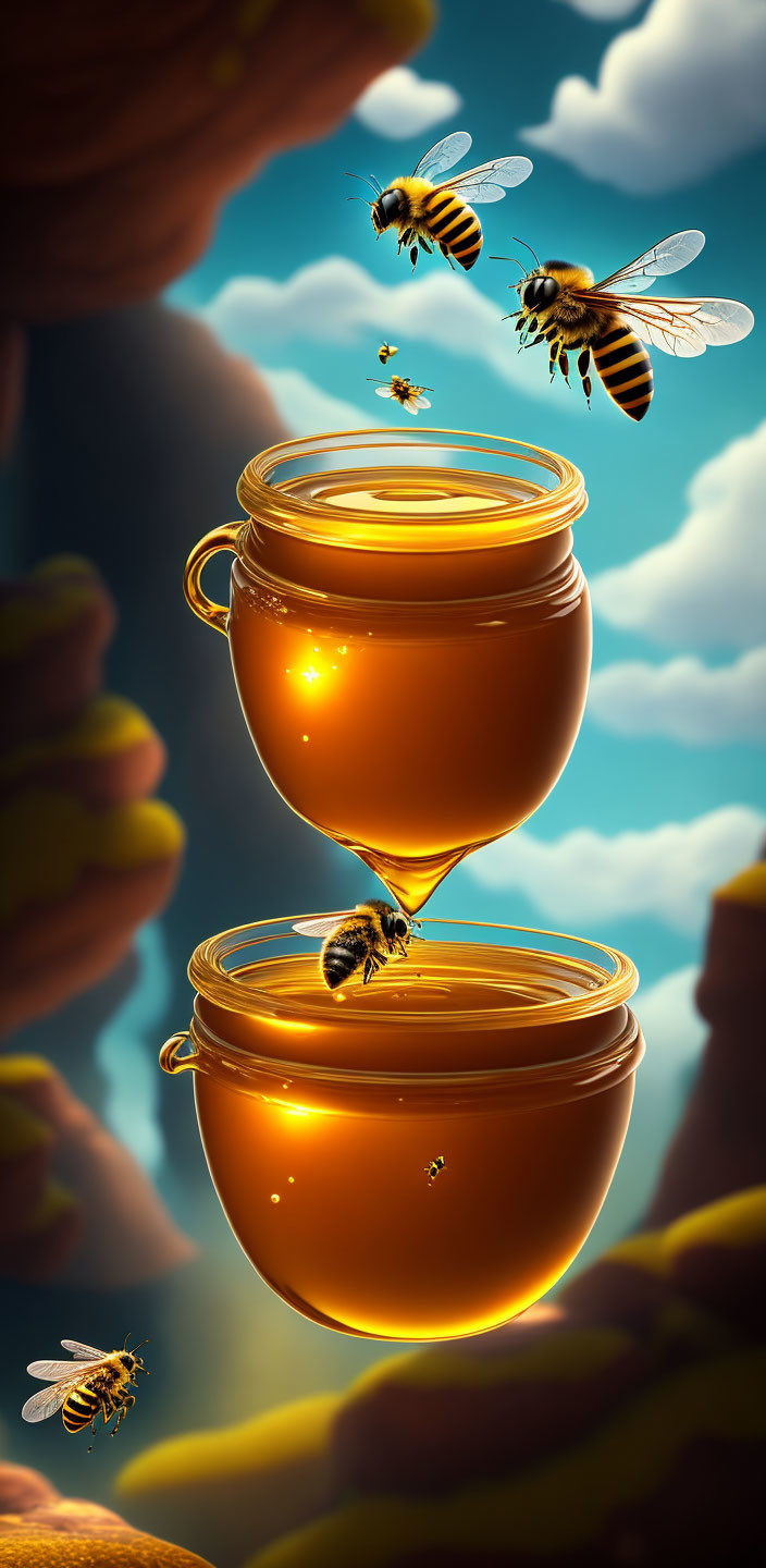 Bees around overflowing honey jars under golden skies