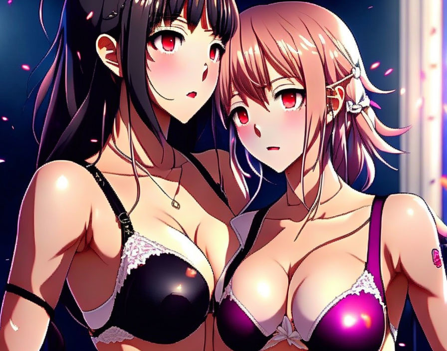 Two female characters with large eyes and dark/pinkish hair in black and purple lingerie on a dark