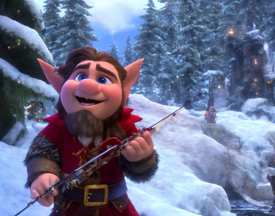 Smiling animated character fishing in wintry forest scene