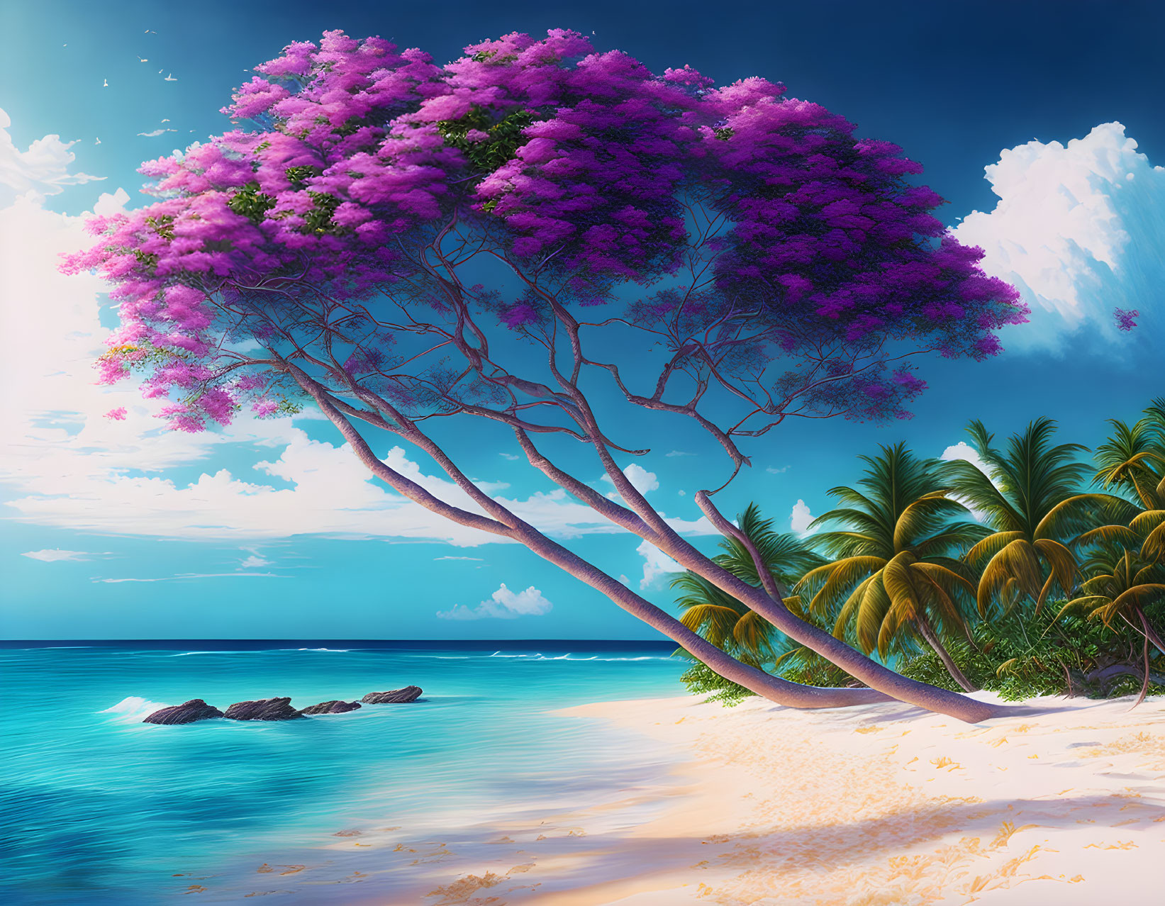 Colorful beach scene with pinkish-purple tree blossoms, turquoise sea, fluffy clouds, and palm