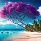 Colorful beach scene with pinkish-purple tree blossoms, turquoise sea, fluffy clouds, and palm