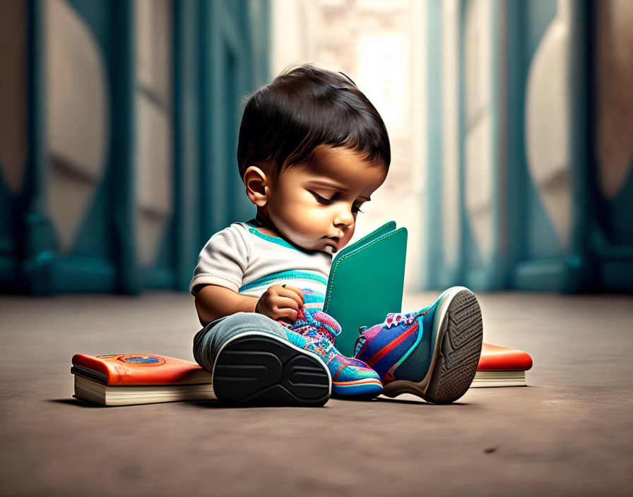 Young child reading book on floor with second book nearby