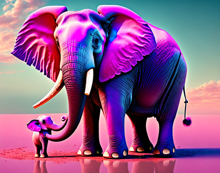 Digitally altered image: Large pink and purple elephant with smaller companion on pink and blue gradient backdrop