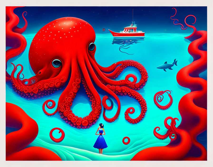 Underwater scene with giant red octopus, small boat, shark, and observer