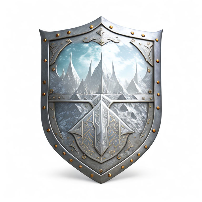 Medieval shield with metal border, ornate center design, snowy mountains backdrop