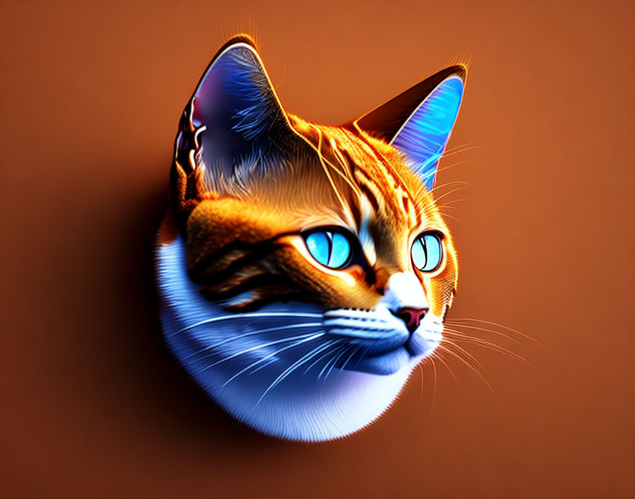 Digitally Enhanced Cat Face with Vivid Blue Eyes on Warm Brown Background