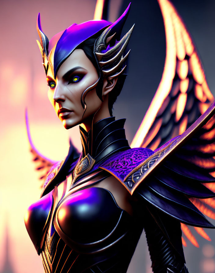 Fantasy female character in purple armor with wings and crown helmet in 3D illustration