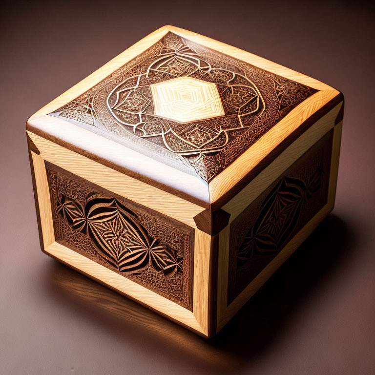 Intricately Carved Wooden Box with Geometric Patterns