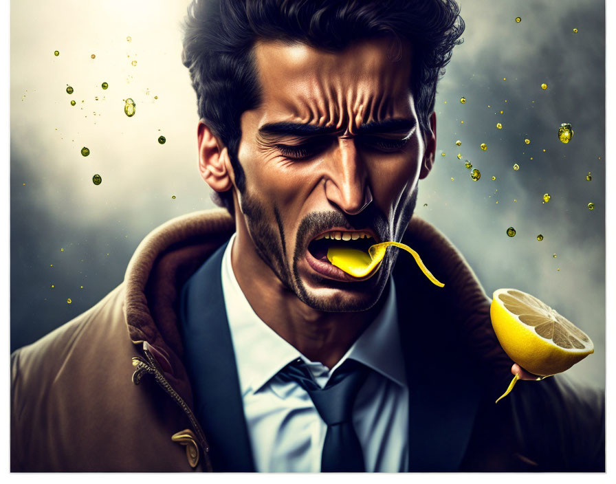 Man grimacing with eyes closed as lemon juice splashes, stormy backdrop