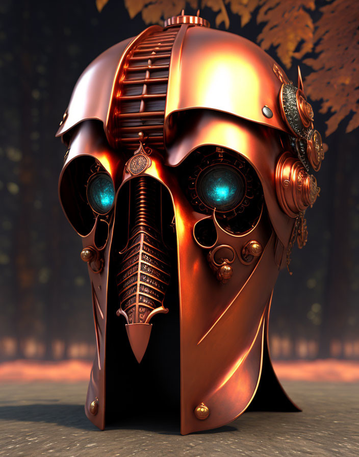 Bronze metallic robot head with glowing blue eyes in 3D illustration