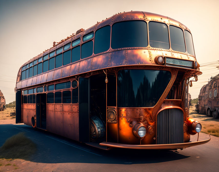 Steampunk double-decker bus with copper tones in a retro-futuristic design.