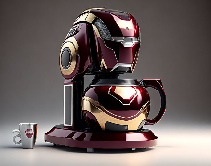 Stylized Iron Man-themed coffee machine with red and gold colors