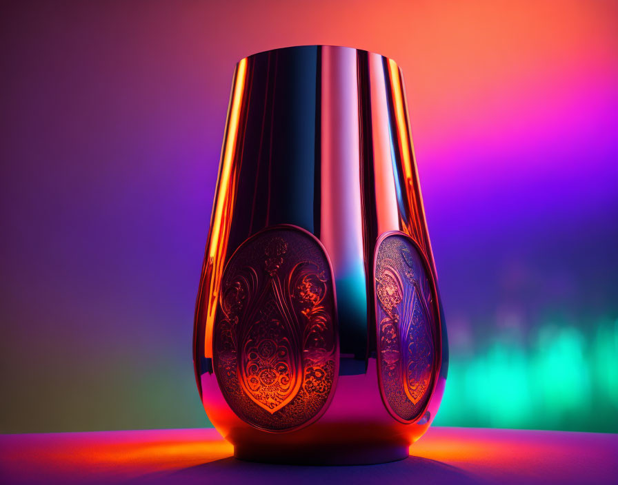 Reflective vase with ornate designs under vibrant neon lights