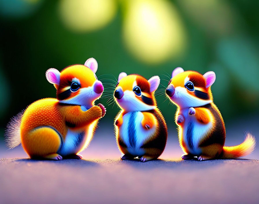 Colorful Cartoon Chipmunks Standing Together on Soft Focus Background