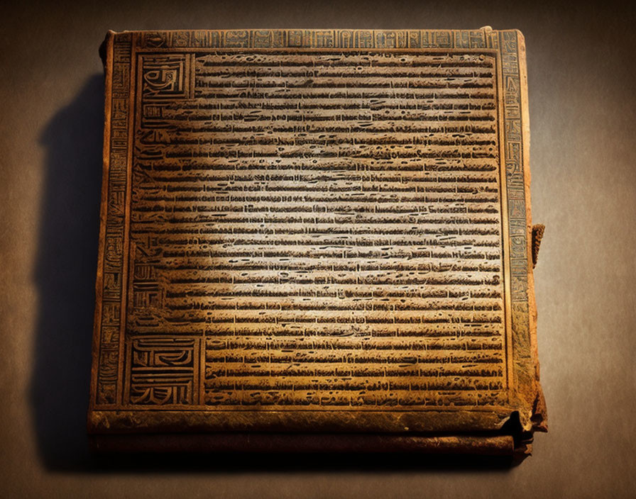 Weathered ancient manuscript with inscriptions in Middle Eastern script under beam of light