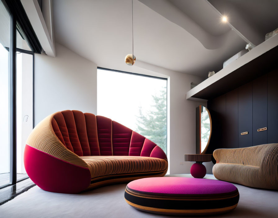 Modern Room with Large Window, Red and Pink Sofa, Round Ottoman, Dark Shelves