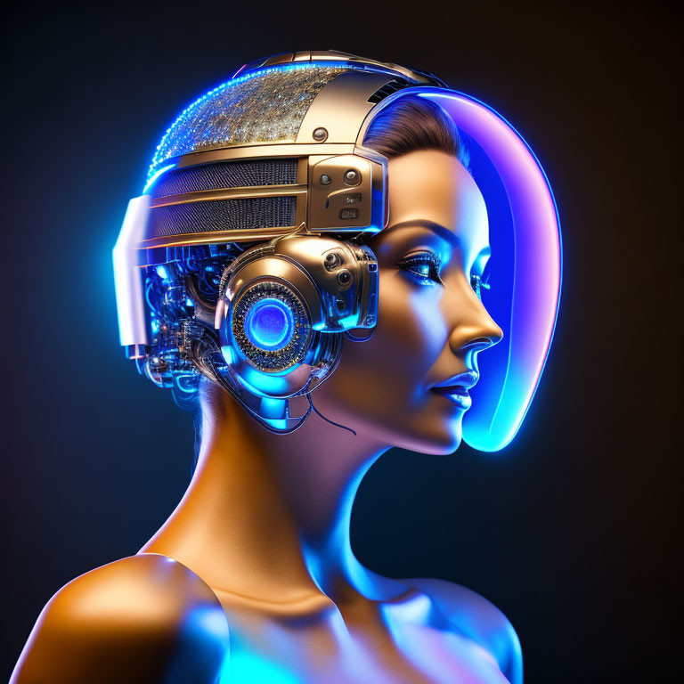 Futuristic female android with metallic head and glowing blue neon lights