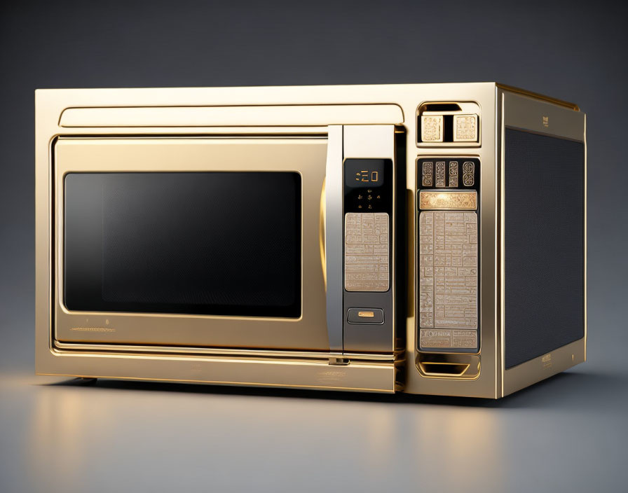 Gold-Toned Microwave with Digital Controls on Gradient Background