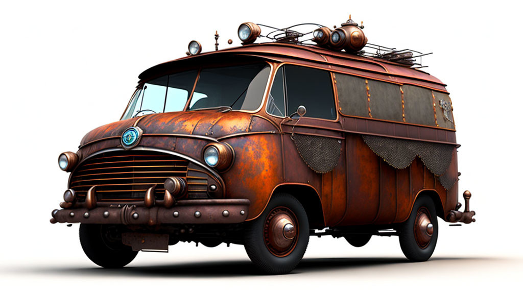 Vintage rusted van with whimsical modifications on white background