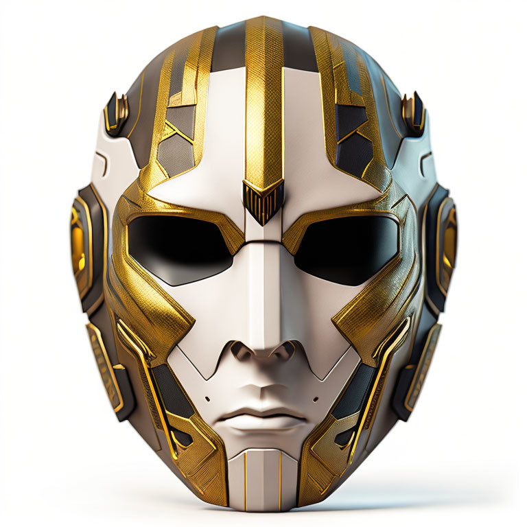 Futuristic metallic mask with gold and silver tones and intricate geometric patterns