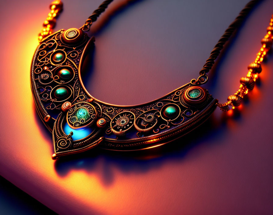 Intricate Gold and Turquoise Crescent Necklace on Orange Surface