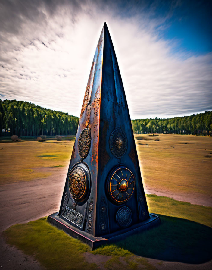 Mysterious metallic pyramid with circular designs in open field