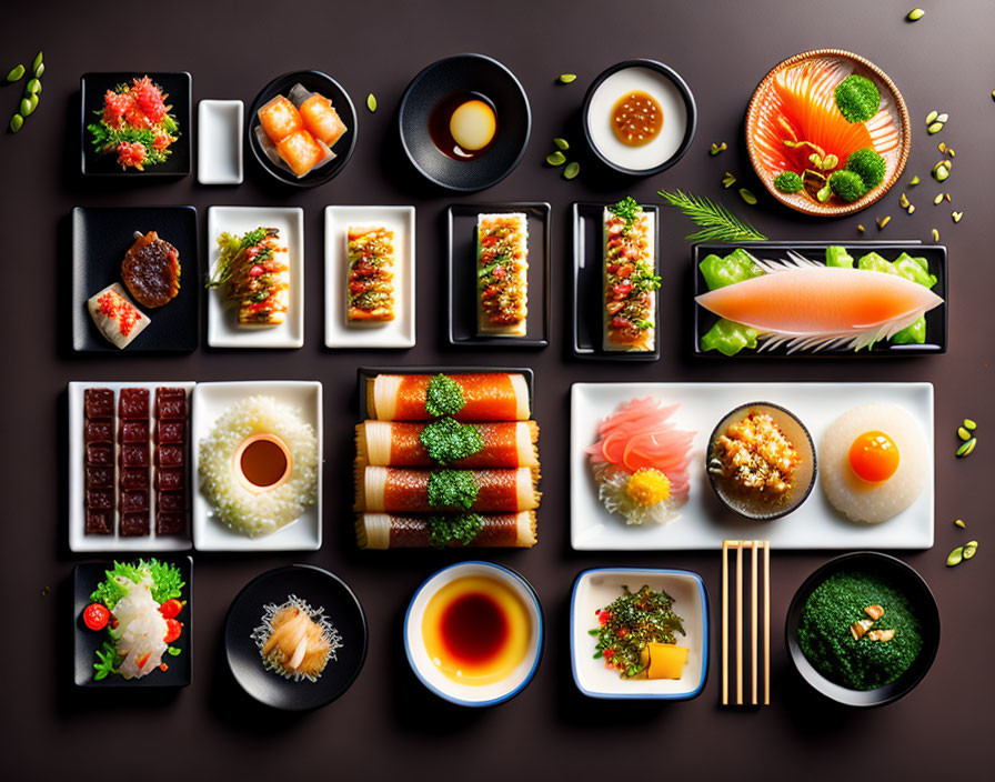 Japanese Cuisine Dishes: Sushi, Sashimi, Soups, Rice, and Garnishes