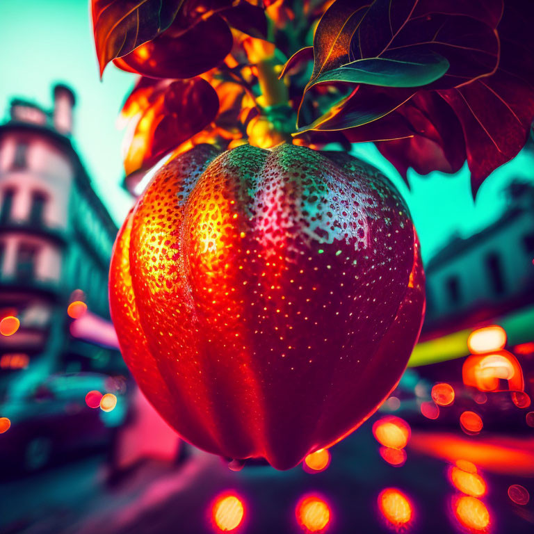 Close-up of dew-covered red apple on tree branch with city lights in background