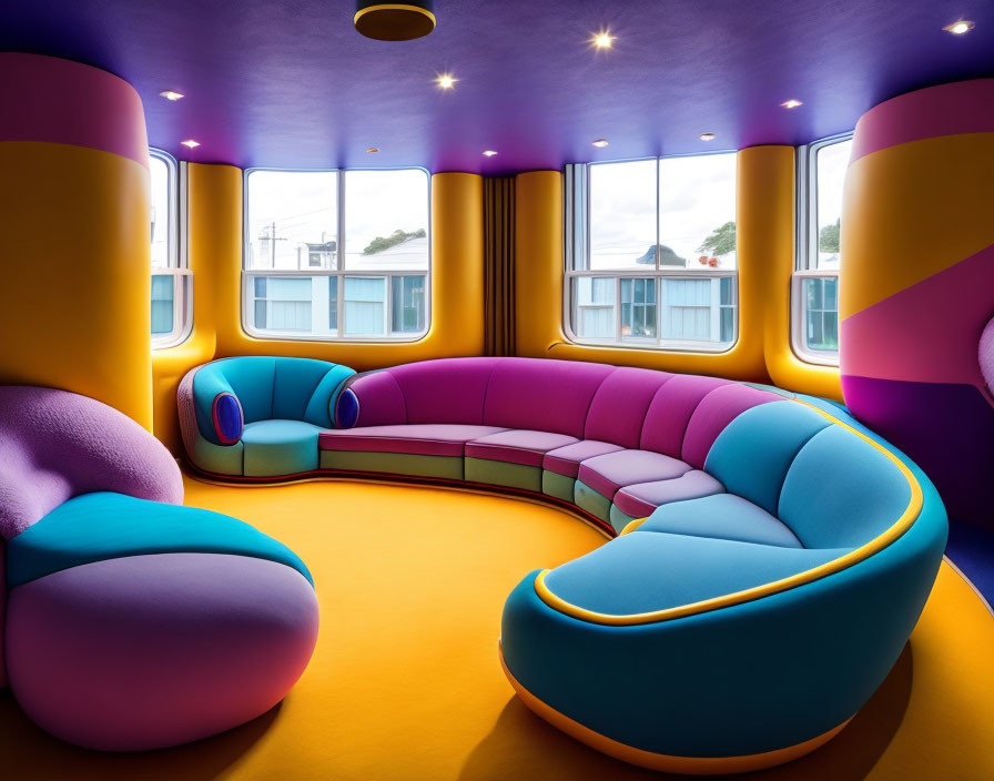 Vibrant modern lounge with curved sofas, round cushions, purple and yellow walls