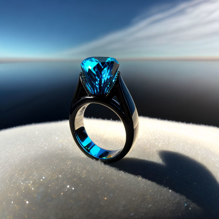 Blue Gemstone Ring on Sandy Surface with Clear Sky Horizon