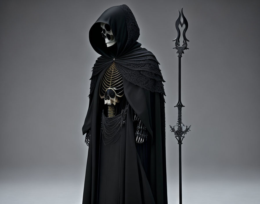 Skull-faced figure in black cloak with golden chest details and ornate staff on gray background