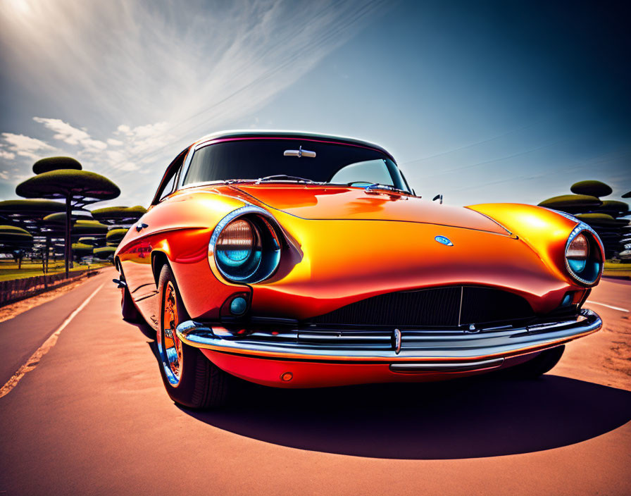 Classic Orange Sports Car on Road Under Surreal Sky