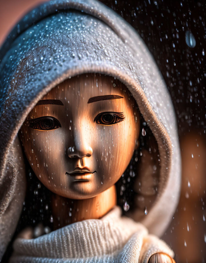 Detailed Wooden Puppet Face in Hooded Cloak with Rain Droplets