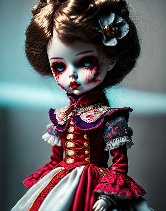 Elaborate Gothic-style doll with Victorian attire and red vampire eyes