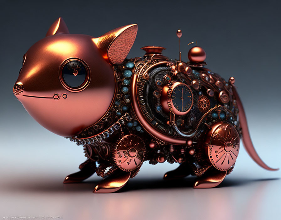 Steampunk Cat Sculpture with Gears and Clock Elements