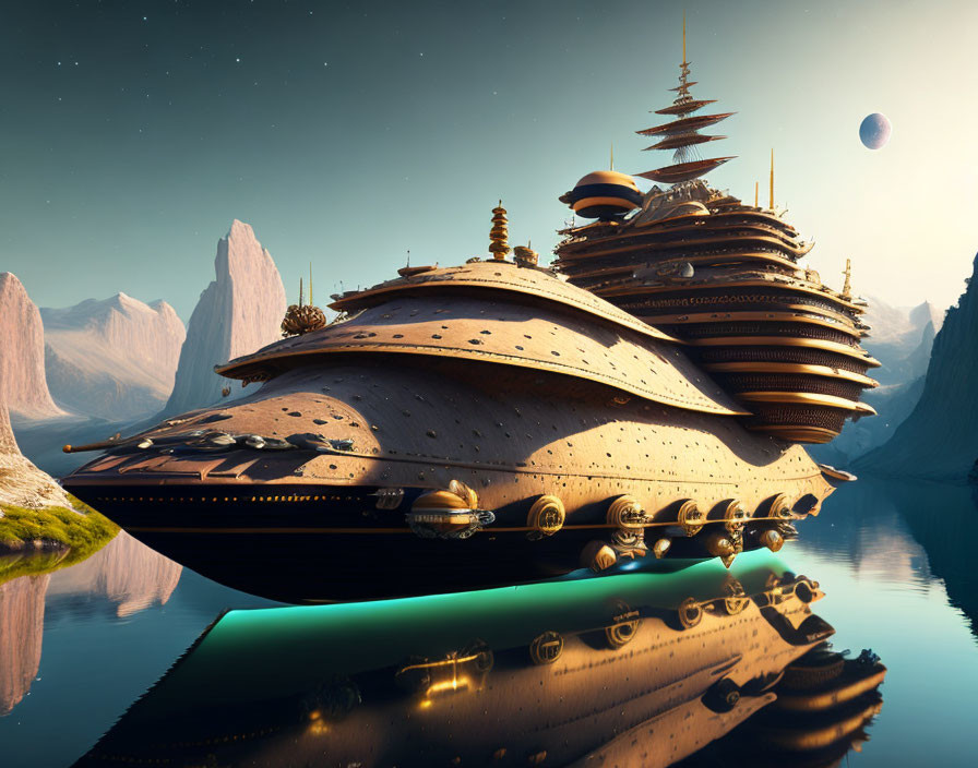 Futuristic spaceship with pagoda-like decks on serene water body amid rocky landscape