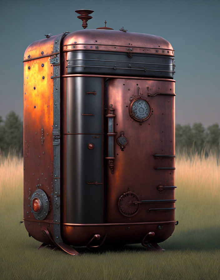 Rustic steampunk-styled refrigerator in field