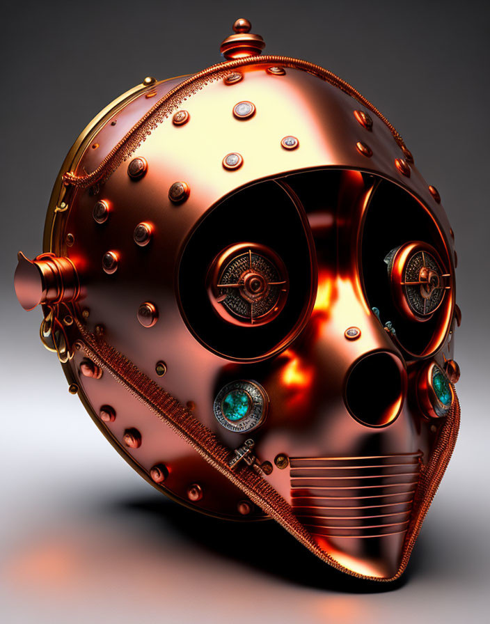 Futuristic steampunk-inspired copper helmet with intricate detailing